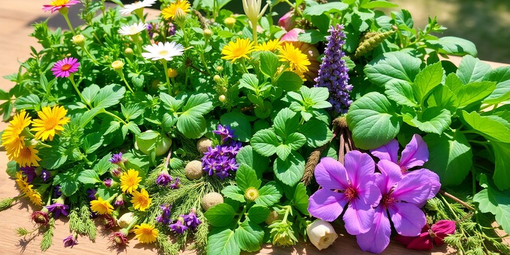 Colorful edible plants arranged on a wooden table.