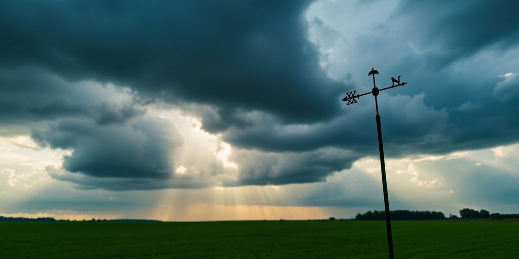 Dark storm clouds with sunlight breaking over a landscape.