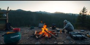 Person practicing survival skills in a forest setting.