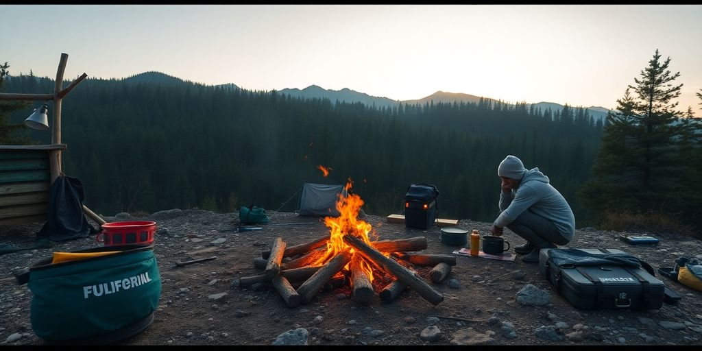 Person practicing survival skills in a forest setting.