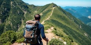 Hiker on a mountain trail with greenery and blue sky.